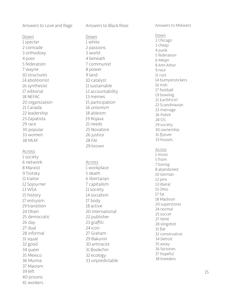 Answers to Love and Rage Down Tspecter 2 comrade 3 orthodoxy 4 poor 5 federation 7 wayne 10 structures 14 abolitionist 16 synthesist 17 editorial 18 NEFAC 20 organization 21 Canada 22 leadership 237apatista 29 race 30 popular 33women 38 MM Across Tsociety 6 network 8 Marxist 9Trotsky 1 traitor 12 Sojourner 1BWSA 15 history 17 entryism 19 transition 240lsen 25 democratic 26.day 27 dual 28 informal 31squat 32g00d 34 queer 35 Mexico 36 Mumia 37 Maoism 39 left 40 prisons 41 workers Answers to Black Rose Down Twhite 2 passions 3world 4beneath 7 communist 8 power 9land 10 catalyst 1 sustainable 12accountability 13memes 15 participation 16 unionism 18 ableism 19 Rojava 21 needs 25 Novatore 26 justice 28FAI 29 brown Across Tworkplace 5 death 6 libertarian 7 capitalism 1 society 14 socialism 17 body 18active 20 international 22 publisher B graffiti 24icon 27 Graham 29 Bakunin 30 antiracist 31Bookchin 32ecology 33 unpredictable Answers to Midwest Down 2Chicago 3cheap 4punk 5 federation 6 Meijer 8Ann Arbor 9nice Wrust 14 bumperstickers 16 Iish 17 football 19 bowling 21 Earthfirst! 225candinavian 23 marriage 26 Polish 2851 2950ciety 30 ownership 31 flyover 33houses Actoss Tmusic 5 from 7 boring 8 abandoned 10 German 12 pins. 13liberal 15 Ohio 17 fat 18 Madison 20 superstores 24 normal 25s0ccer 27w 28slingshot 31far 32 conservative 34 Detroit 35away 36 factories 37 hopeful 38 breeders 15